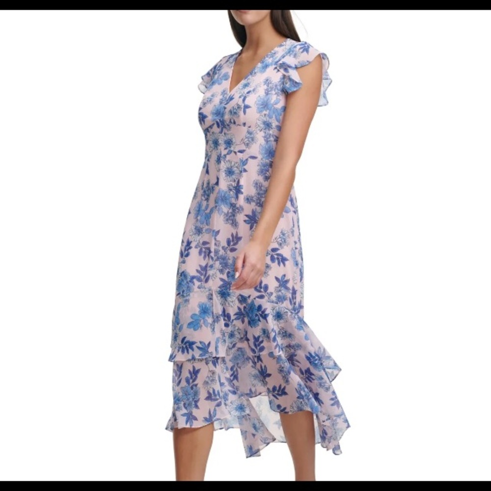 Tommy Hilfiger Pink / Blue Flutter Sleeve High Low Dress